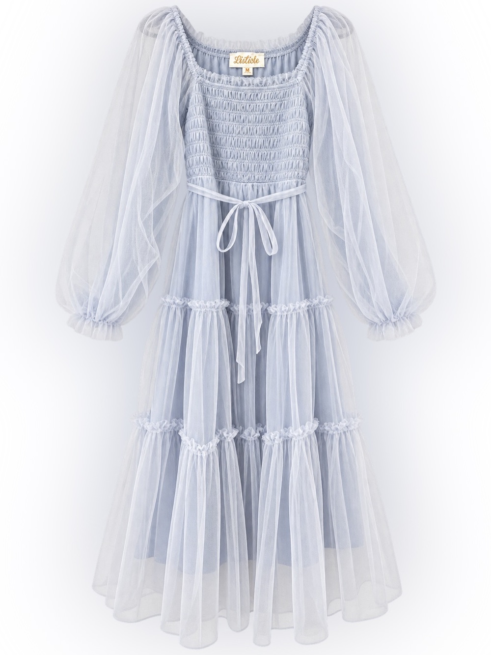 Listicle M Powder Blue Tulle Maxi Dress Smocked Puff Sleeve Tiered Cottagecore